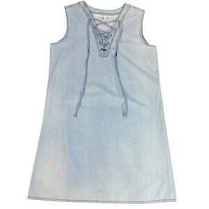 Speed Control Women L Shift Light Wash Denim Lace Up V Neck Sleeveless Dress